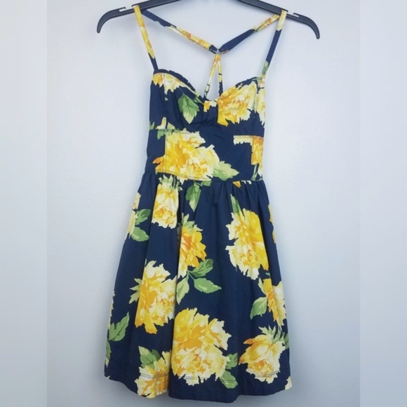 navy blue dress with yellow flowers